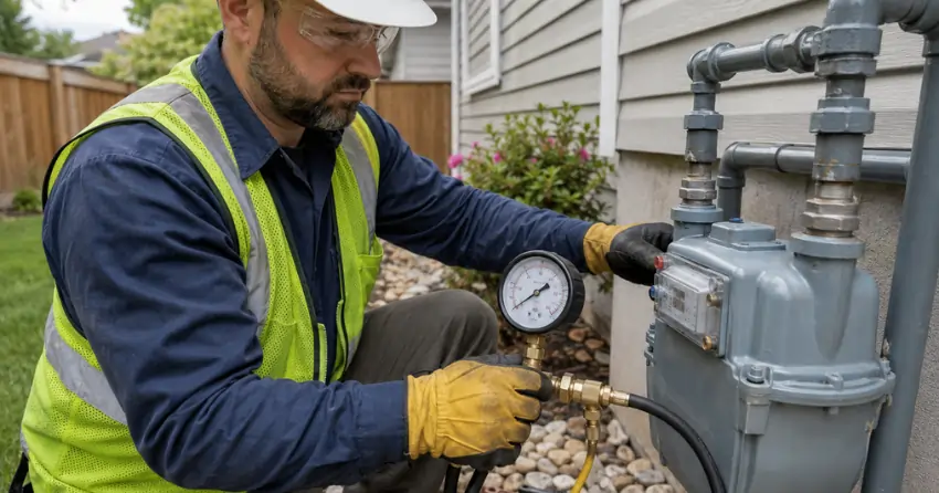 gas line installer performing pressure test on new residential line in Manhattan