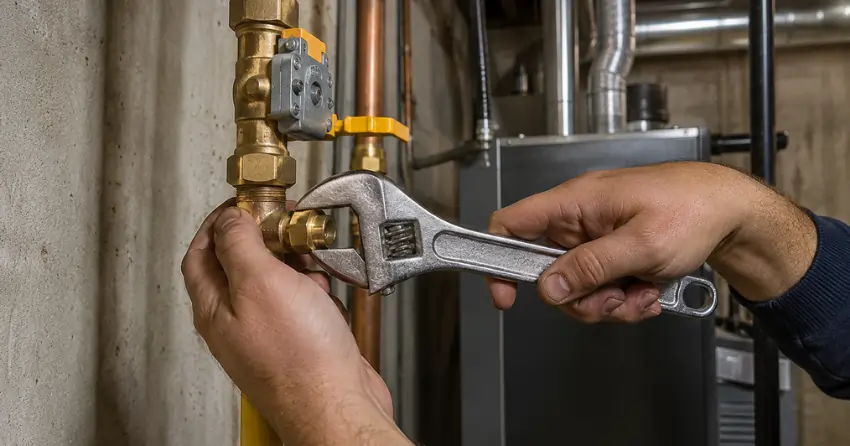 gas line connection during heating system installation in New York