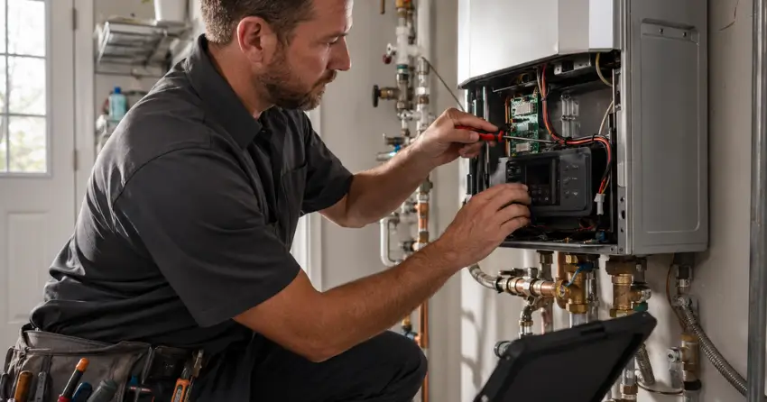 Ontario Gas Services technician diagnosing tankless repair in Queens