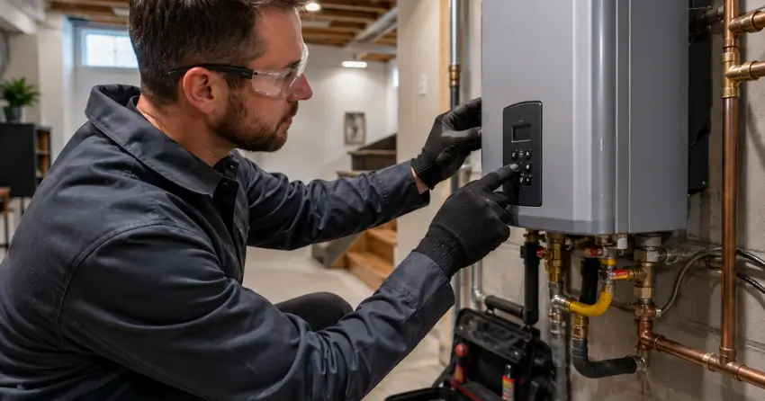 Ontario Gas Services technician completing tankless water heater service in Staten Island