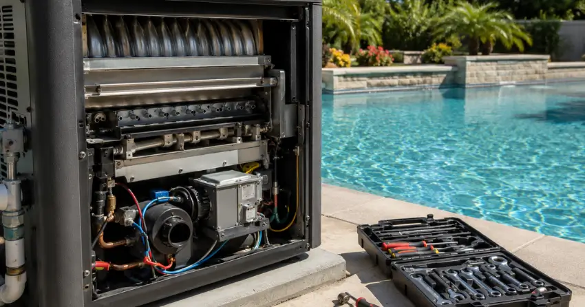 gas pool heater service near me pool heater unit beside pool in Brooklyn