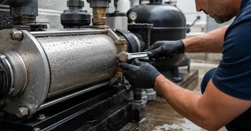 licensed technician completing pool heat exchanger repair New York