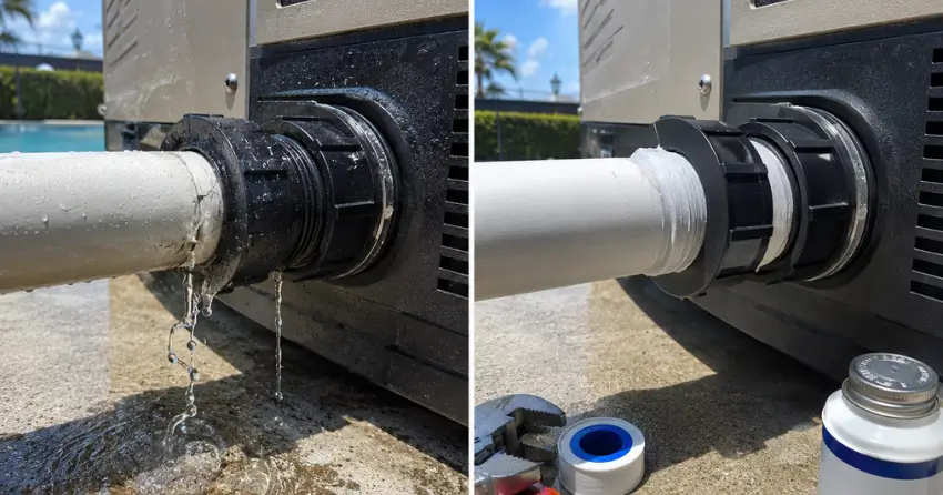 before and after pool heater leaking water repair Brooklyn