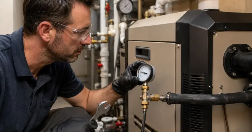 pool heater technician testing gas pressure in New York