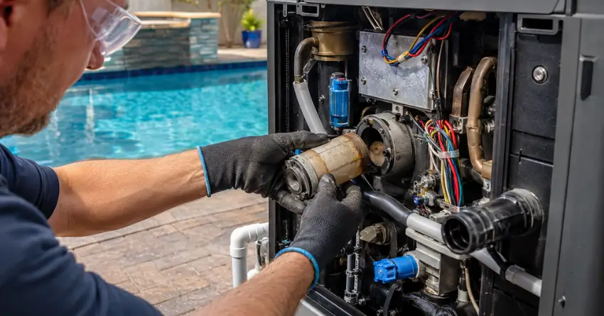 swimming pool heater repair Queens  technician replacing faulty component