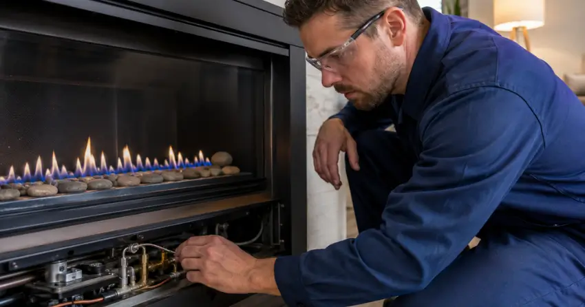 repairman Manhattan checking fireplace burner and pilot assembly