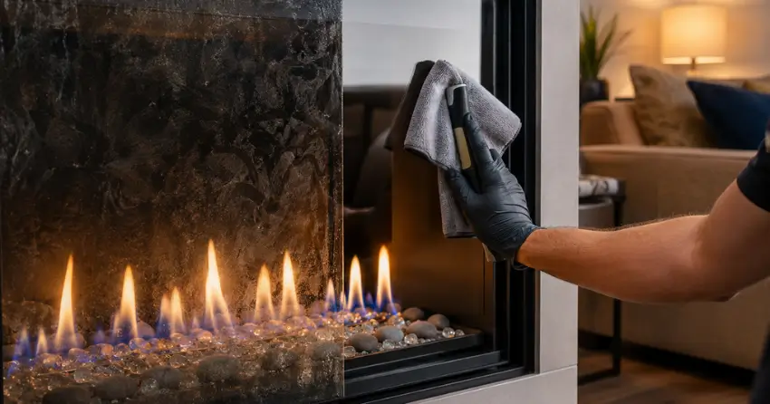 before and after gas fireplace glass cleaning service Manhattan