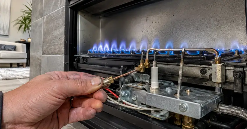 Gas fireplace pilot assembly and thermocouple during natural gas fireplace repair in Brooklyn home