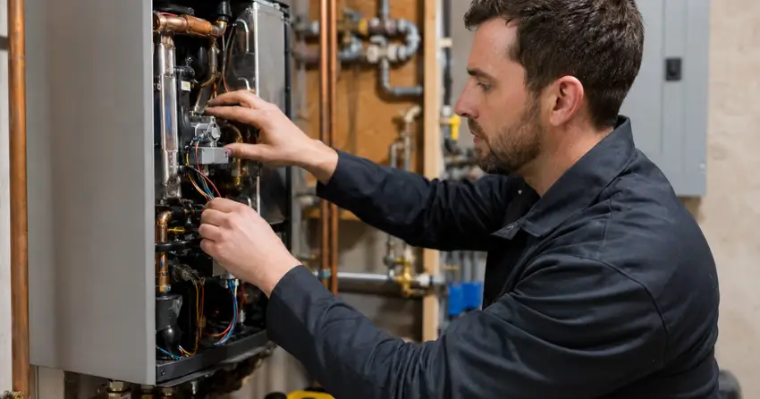 Ontario Gas Services technician repairing tankless hot water system Manhattan